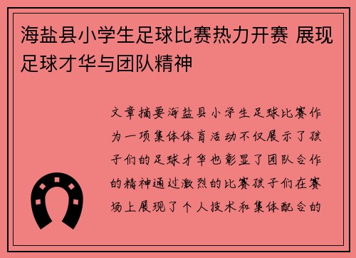 海盐县小学生足球比赛热力开赛 展现足球才华与团队精神