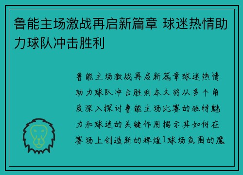 鲁能主场激战再启新篇章 球迷热情助力球队冲击胜利